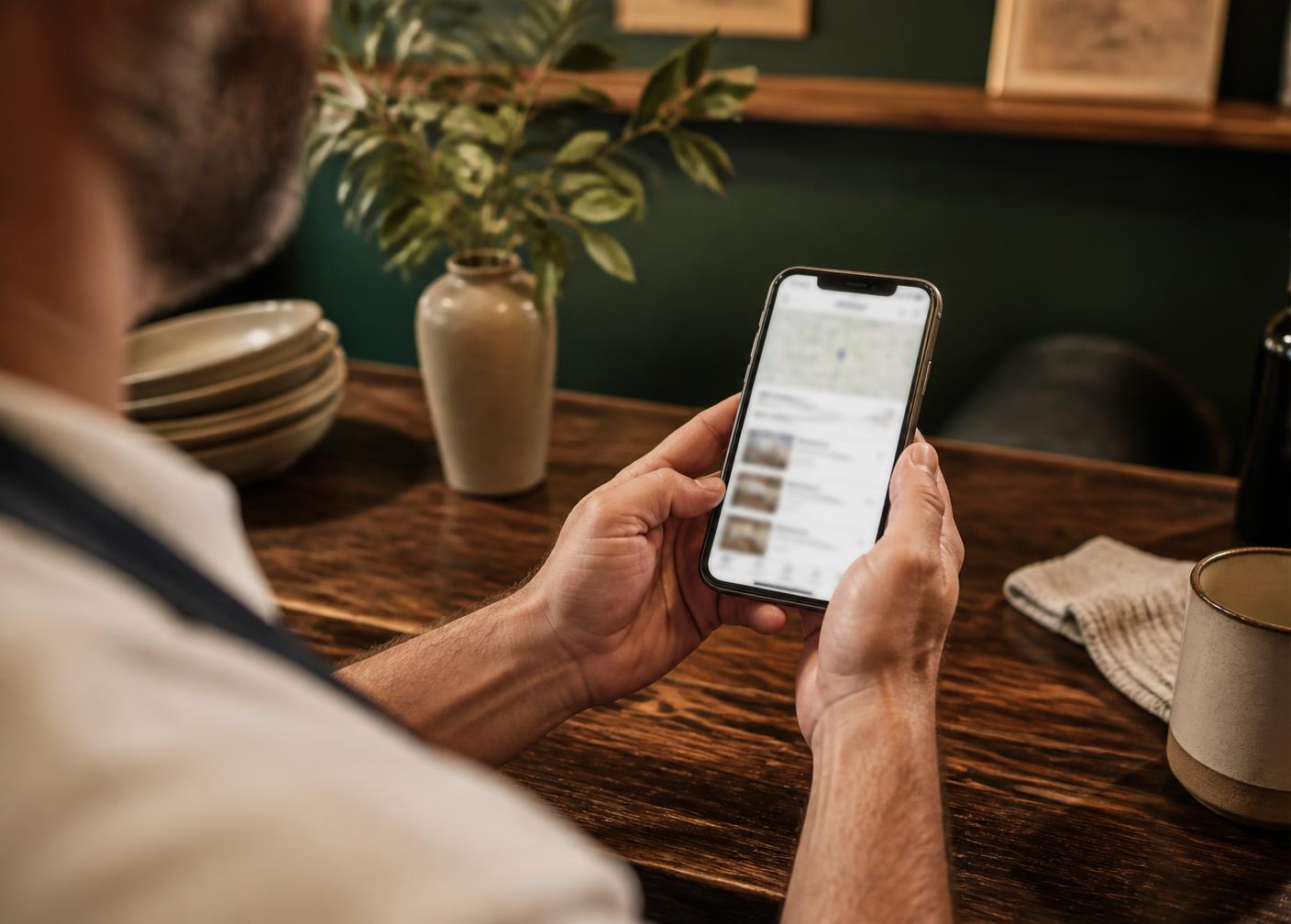 Restaurant owner checking their listing on a phone