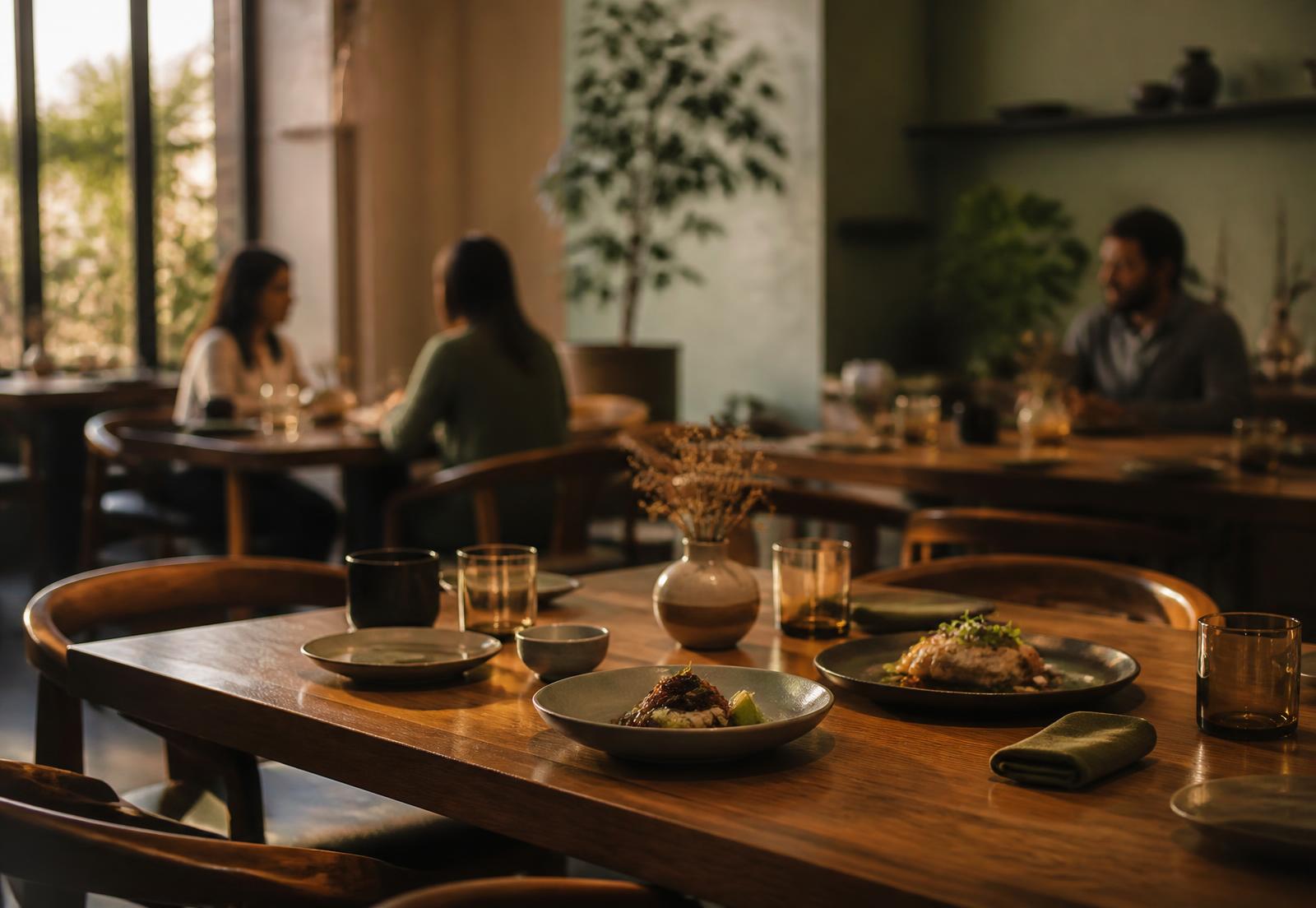 Guests dining in a warmly lit independent restaurant at golden hour